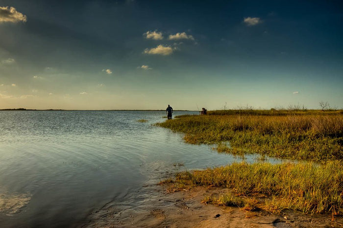 Grass flats and open marsh water at low light