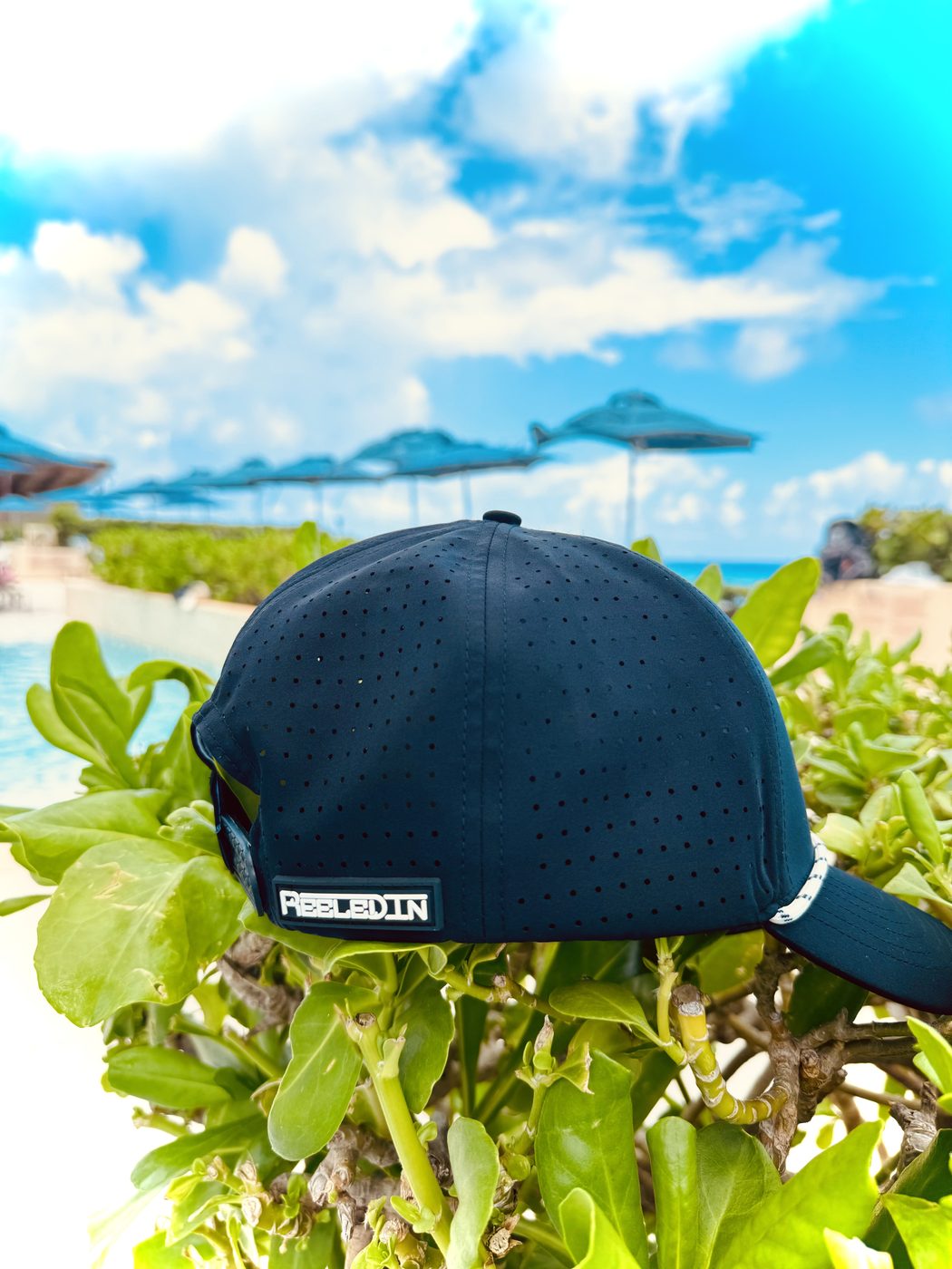 Back of a Reeled In hat in beach greenery, umbrellas behind