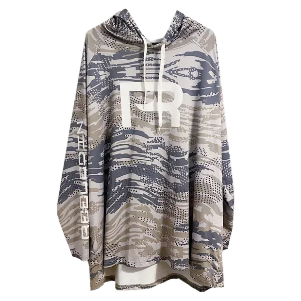 Fishy Performance Hooded Fishing Shirt in gray camo with an oversized R chest logo