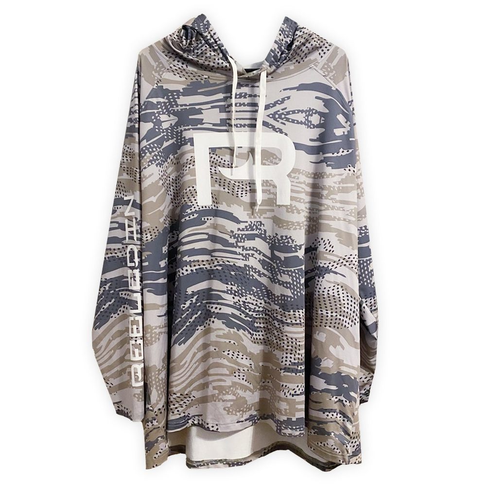 Fishy Performance Hooded Fishing Shirt, gray camo with oversized R chest logo