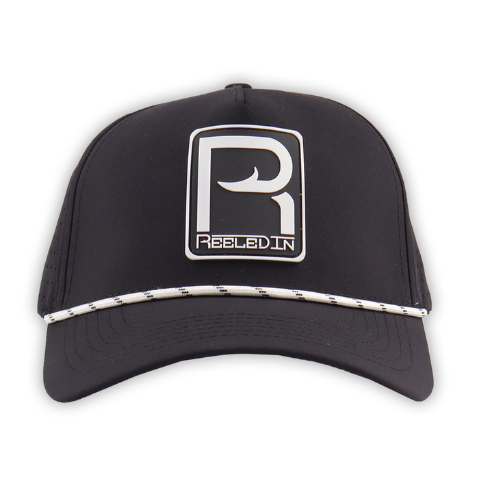 Black Performance Rope fishing hat with rope detail, front view