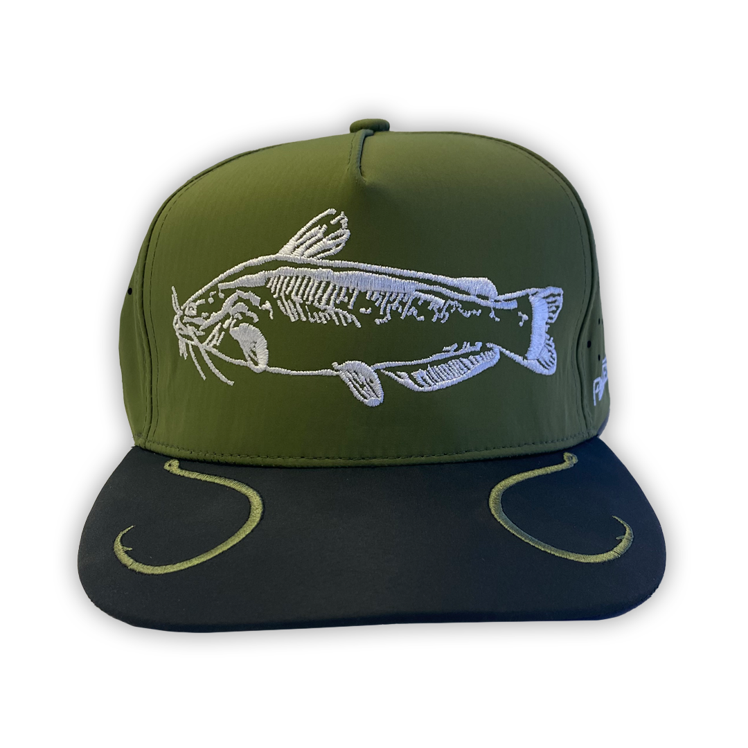Catfish Hunter snapback hat with embroidered catfish design, front view
