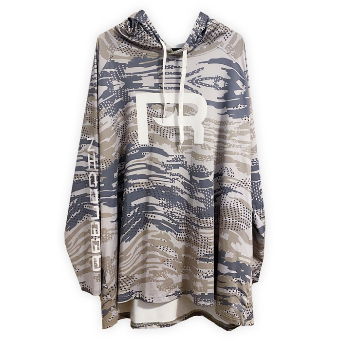 Fishy Performance hooded fishing shirt in gray camo, front view