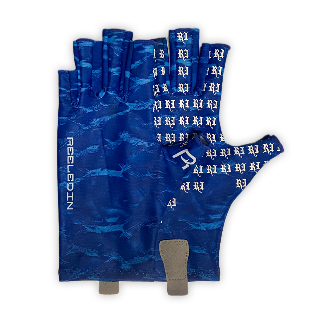 Wavy Fishing Gloves with blue wave pattern and Reeled In logo, top view