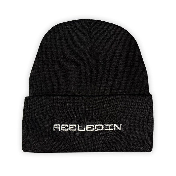 Black Reeled In beanie, front view with embroidered cuff